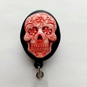 Red Sugar Skull Day of the Dead Badge Holder Reel